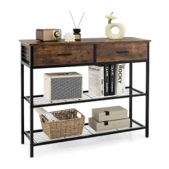 Northix Småbord>100 cm konsolbord med 2 lådor 3 våningar hallbord av trä sidobord med metallram rustik brun