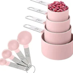 Matgrupper>8 Delars Måttsats med Måttkoppar och Måttskedar / Stapelbara Måttkoppar med Rostfritt Stålhandtag / För Torra och Flytande Ingredienser (rosa)