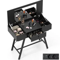 COSTWAY Sminkbord>2 i 1 Smyckebord med Spegel , Laddningsstation, Makeupbord med Fällbart Lock, Låda, 6 Fack,