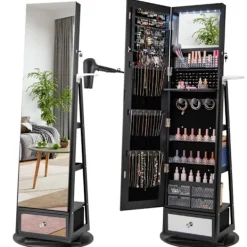 COSTWAY Sminkbord>4 i 1 Snhuvärde med 360° Rotation , LED-lampor och Spegel, Hårfönhållare, Hyllor på baksidan,