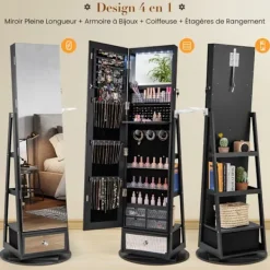 COSTWAY Sminkbord>4 i 1 Snhuvärde med 360° Rotation , LED-lampor och Spegel, Hårfönhållare, Hyllor på baksidan,