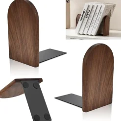 Hyllor>1 Par Bokstöd, Valnötsträ Bokstöd, Halksäkra Bokstöd, Tunga Trä Bokstöd Stöd Naturlig Valnöt Round