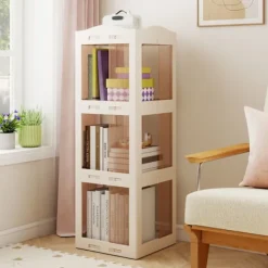 COSTWAY Hyllor>360° Rotativ 3-nivå Bibliotek , 108cm Fällbar Golv Hörn Hylla Transparent för Vardagsrum Sovrum Kontor,