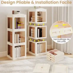 COSTWAY Hyllor>360° Rotativ 3-nivå Bibliotek , 108cm Fällbar Golv Hörn Hylla Transparent för Vardagsrum Sovrum Kontor,