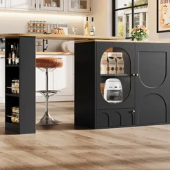 Köksö>360° roterande köksö, 138 cm frukostbar med 3 dörrar, justerbar höjd & stort förvaringsutrymme, vit/svart