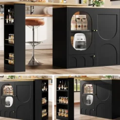 Köksö>360° roterande köksö, 138 cm frukostbar med 3 dörrar, justerbar höjd & stort förvaringsutrymme, vit/svart