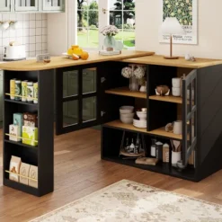 Köksö>360° Roterande Matbordsbar med Snackshylla, 5 Hyllor & Glas, Multifunktionellt Skåp, Svart