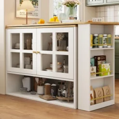 Köksö>360° Roterande Matbordsbar med Snackshylla, 5 Hyllor & Glas, Multifunktionellt Skåp, Vit