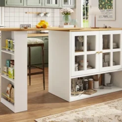 Köksö>360° Roterande Matbordsbar med Snackshylla, 5 Hyllor & Glas, Multifunktionellt Skåp, Vit