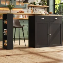 Köksö>360° roterande skänk svart - 2 lådor, 2 dörrar & sidohyllor, multifunktionell för vardagsrum, sovrum, matsal