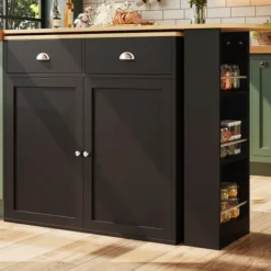 Köksö>360° roterande skänk svart - 2 lådor, 2 dörrar & sidohyllor, multifunktionell för vardagsrum, sovrum, matsal