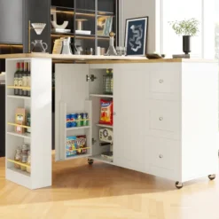 Köksö>360° Roterande Stående Bord på Hjul, 135-203cm med 3 Lådor & Snackhållare, Multifunktionell Vit