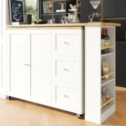 Köksö>360° Roterande Stående Bord på Hjul, 135-203cm med 3 Lådor & Snackhållare, Multifunktionell Vit