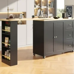 Köksö>360° Roterande Stående Bord på Hjul, 135-203cm med 3 Lådor & Snackhållare, Multifunktionell Svart