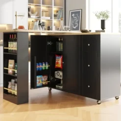 Köksö>360° Roterande Stående Bord på Hjul, 135-203cm med 3 Lådor & Snackhållare, Multifunktionell Svart