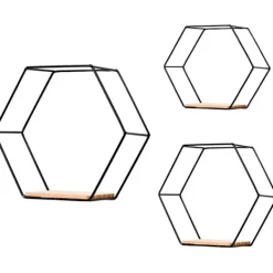 Hyllor>3 st Hexagonala Vägghyllor Hängande Hyllor Metall och Trä Flytande Hyllor Hylla Förvaringsorganisatör, Svart
