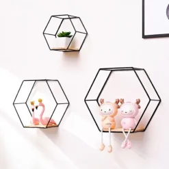 Hyllor>3 st Hexagonala Vägghyllor Hängande Hyllor Metall och Trä Flytande Hyllor Hylla Förvaringsorganisatör, Svart
