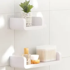 Hyllor>2 st Väggmonterade plasthyllor, vit flytande hylla 17/32 cm, vit vägghylla, ingen borrning, kompatibel badrum kök