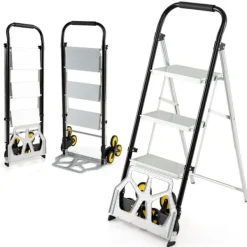 COSTWAY Balkongmöbler>Aluminium Fällbar Stege 3 Steg -Stora Halkfria Pedaler-6 Gummihjul-250 kg-Lager,Kontor