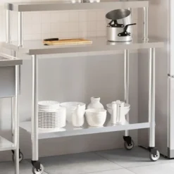 vidaXL Köksö>Arbetsbord med överhylla 110x55x120 cm rostfritt stål