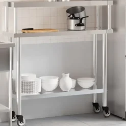 vidaXL Köksö>Arbetsbord med överhylla 110x30x120 cm rostfritt stål