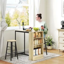 Northio Matgrupper>Barbord med barstolsset, 3 st. Barbordsset med köksbord Förvaring 2 pallar Fotstöd Modern stil Platssparande Matsal Kök Stål Ek