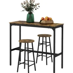 Northio Matgrupper>Barbordsset, 3 st. Barbord med barstolsset, matgrupp i industriell design, köksbord med 2 barstolar, för matsal, kök, stål, rustikt brun