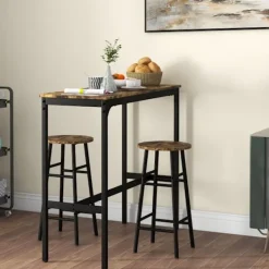 Northio Matgrupper>Barbordsset, 3 st. Barbord med barstolsset, matgrupp i industriell design, köksbord med 2 barstolar, för matsal, kök, stål, rustikt brun