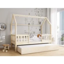 PROFIWOOD Sängar>Barnsäng i stuga - - Säng med utfällbar säng, skandinavisk stil, natur, 90×200 cm