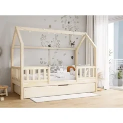 PROFIWOOD Sängar>Barnsäng i stuga - - Säng med utfällbar säng, skandinavisk stil, natur, 90×200 cm