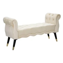 B2X Balkongmöbler>Bänk i krämfärgad sammet, guldfinish, 120x40x60 cm