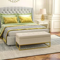 Northio Kistor & Koffertar>Bänk Med Förvaringsutrymme, Stoppad Bänk Med Fällbart Lock I Sammetslook, Sängbänk Med Stålben, Beige, 110X44X49Cm