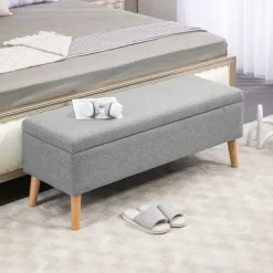 Northio Kistor & Koffertar>Bänk stoppad bänk med förvaringsutrymme sängbänk med linnelook för hall sovrum vardagsrum gummi trä grå 110 x 39 x 45 cm