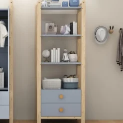 Hyllor>Bokhylla med 2 lådor & 4 hyllor, fururam med handtag i massivt trä, 70x180cm, blå & naturträ