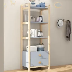 Hyllor>Bokhylla med 2 lådor & 4 hyllor, fururam med handtag i massivt trä, 70x180cm, blå & naturträ