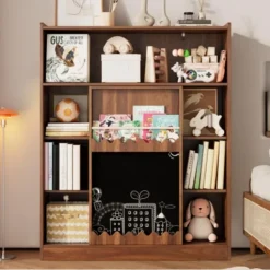 Hyllor>Bokhylla med skjutdörrar och griffeltavla, 9 fack med gott om förvaringsutrymme, 120x151,5 cm, valnöt, mångsidig