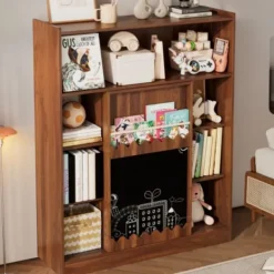 Hyllor>Bokhylla med skjutdörrar och griffeltavla, 9 fack med gott om förvaringsutrymme, 120x151,5 cm, valnöt, mångsidig