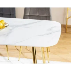 AC-DÉCO Matbord>Bord rektangulärt marmor effekt i trä - Fyra ben i guldmetall - 6 platser - L 140 cm x P 80 cm x H 75 cm