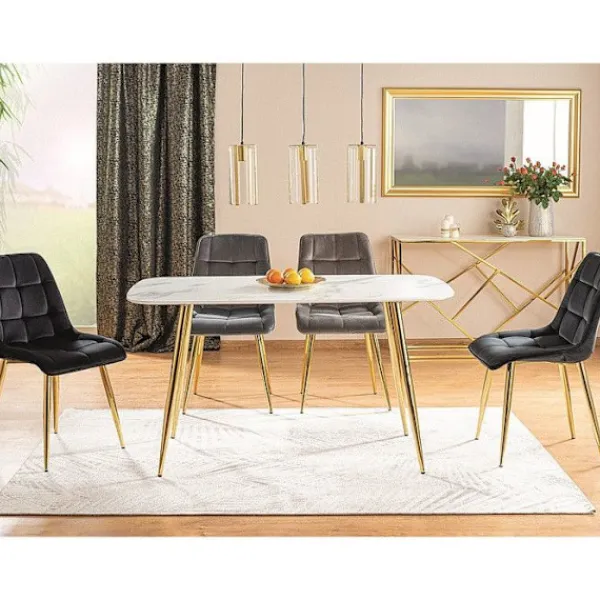 AC-DÉCO Matbord>Bord rektangulärt marmor effekt i trä - Fyra ben i guldmetall - 6 platser - L 140 cm x P 80 cm x H 75 cm