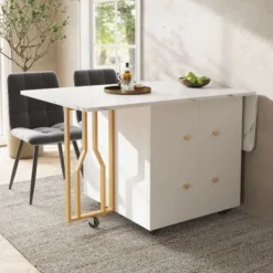 Sideboards>Bärbart hopfällbart bord med marmoroptik – multifunktionellt matbord med gyllene ben & hjul
