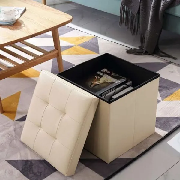 BRIAN - DANY Sittpuffar>Puff Förvaringslåda Vikbar pall Vikbar kub Puff i konstläder, 38 x 38 x 38 cm, Beige