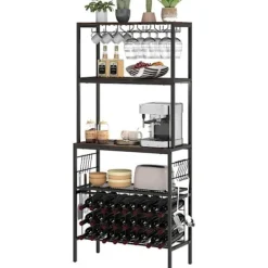 COSTWAY Sideboards>Buffé av kök 165 cm Multi-Nivåer , Strömuttag, Stöd för glas och muggar, 24 Flaskhyllor, 8 Krokar