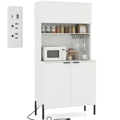 COSTWAY Sideboards>Buffé i kök 164CM , Laddstation, Vinglasställ, Buffé med Dörrar, Justerbar Hylla, för Salong Bar,