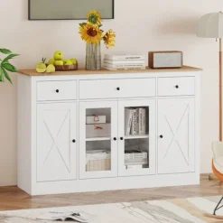 COSTWAY Sideboards>Buffé i köket 140CM , 3 Lådor, 2 Vitrindörrar, Justerbara Hyllor, Kaffebar Möbel för Matsal Vardagsrum Vit