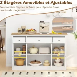 COSTWAY Sideboards>Buffé i köket 140CM , 3 Lådor, 2 Vitrindörrar, Justerbara Hyllor, Kaffebar Möbel för Matsal Vardagsrum Vit