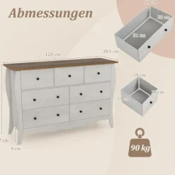 B2X Byråer>Byrå med 7 vikbara tyglådor, skänk i lantlig stil, garderob, grå