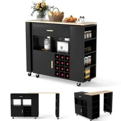 COSTWAY Köksö>2 i 1 Kökshylla med Gummibricka, Justerbar Hylla, Vinställ för 12 Flaskor, Låda, Kryddställ