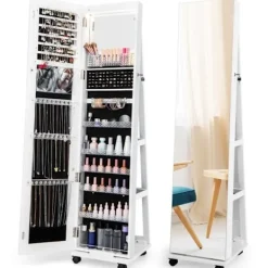 COSTWAY Sminkbord>3 i 1 Smyckesgarderob med LED på hjul - Spegel utan ram - Justerbara hyllor - Låsbar -