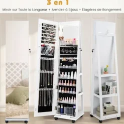 COSTWAY Sminkbord>3 i 1 Smyckesgarderob med LED på hjul - Spegel utan ram - Justerbara hyllor - Låsbar -