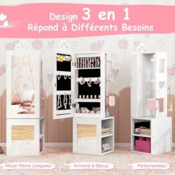 COSTWAY Sminkbord>3 i 1 smyckesskåp för barn med hel spegel, klädhängare, smyckeförvaring, vit